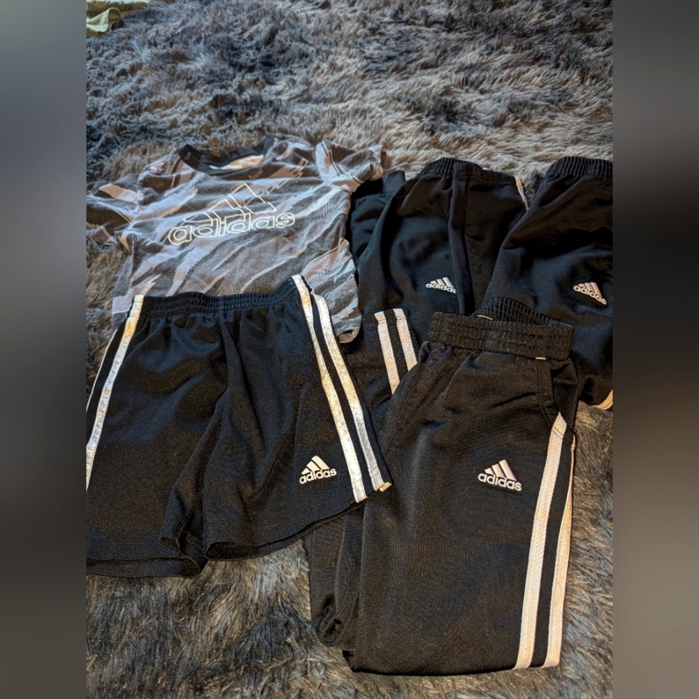 3 Pairs Of Adidas Kids Black and White Striped Jogging Pants, Plus Short Set